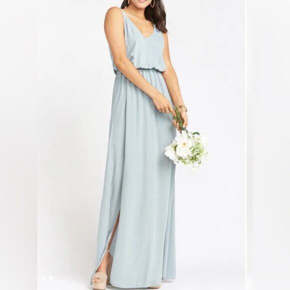 Show Me Your Mumu Kendall MaxiDress V Neck Slit Blouson Silver Sage Blue sizeXS - Picture 4 of 9
